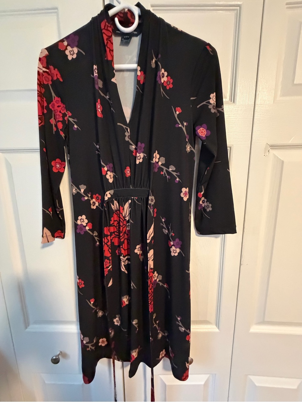 French Connection Black Floral Midi Dress with Red and Purple Accents